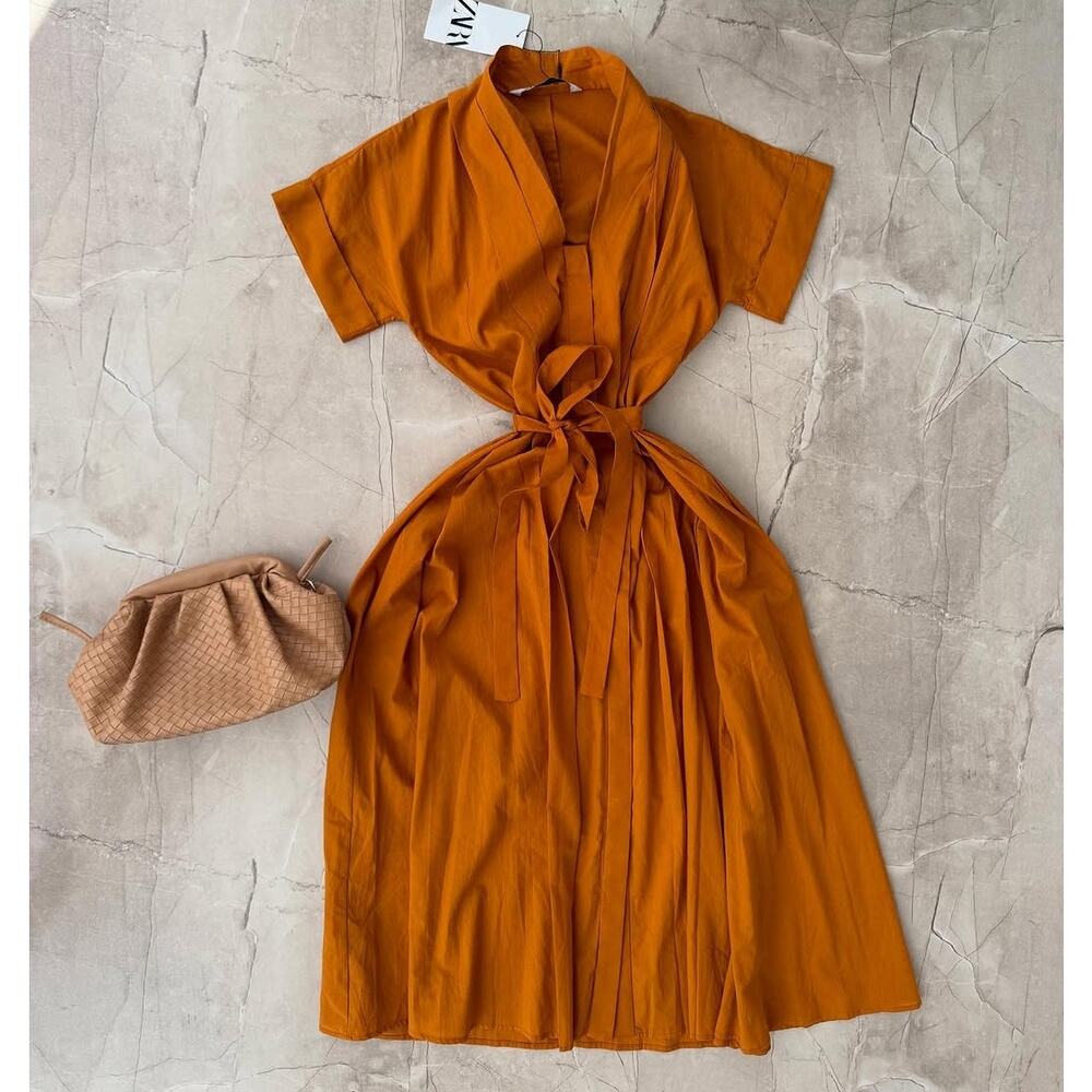 RARE ZARA Burnt Orange Cotton Midi Dress NWT - Picture 14 of 16